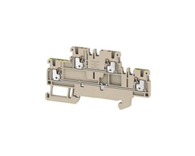 Beige Weidmüller A2T 1.5 FT-PE gennemgangsklemme med PUSH IN-terminaler set skråt forfra.