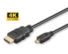 MicroConnect HDMI 1.4 A-D-kabel på 2 meter med sort kabel, guldbelagte HDMI- og micro-HDMI-stik samt 4K Ultra HD-mærkning.