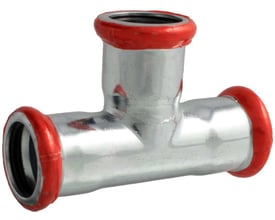 Unico forzinket T-stykke med 3 stk. presmuffer i 35mm dimension, med tydelige røde O-ringe for presning.