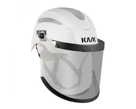 Kask ARC ERGO-visir med gennemsigtigt helansigtsværn monteret på en hvid hjelm.