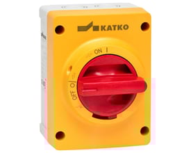 Frontvisning af MTO Electric Katko 4-polet sikkerhedsafbryder 16A IP66, med KATKO logo og oplåsning af håndtag.