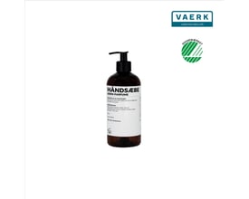Håndsæbe uden parfume på 500 ml flaske med pumpe, Svanemærket og VAERK logo øverst.