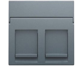 Nærbillede af Niko afdækning til 2xRJ45 dataudtag i steel grey coated, med synlig låge og tekstfelt.