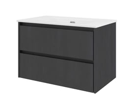 Sanibell Proline møbelsæt i sort eg, 81x46 cm, med to grebsfrie softclose skuffer og hvid porcelænsvask uden hanehul.