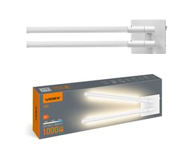 Hvid Videx LED-lampe med to lysarme vist over emballagen; æsken fremhæver lampens 10 W og 1000 lumen.
