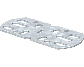 Nærbillede af OBO Bettermann VF akz lige kobling i galvaniseret stål, 45x100mm, der viser mange ovale og runde monteringshuller.