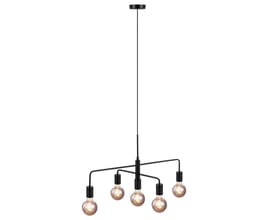 Nordlux Gloom 5-spot pendel i sort metal med fem justerbare lyskilder, vist fra siden på hvid baggrund.