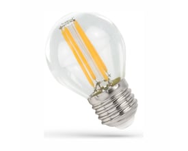 SpectrumLED LED-kronepære med klar, rund glaskuppel, synlige orange kultråde og E27-fatning.