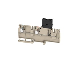 Weidmüller Push IN distributionsklemme i beige, designet til 4mm² ledere med to tilslutninger og en sort afbryderfunktion.