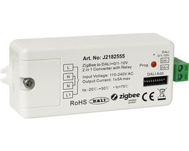 Hvid Jumitech Zigbee Dali modtager med indbygget strømforsyning, mærket J2182555, med DIP-switche og grønne DALI tilslutningsklemmer.