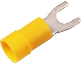 Elpress isoleret gaffelkabelsko A4665G, gul, vist fra den modsatte vinkel med fokus på isoleringens pasform.