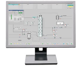 Siemens SIMATIC PCS 7 software archive viser procesdiagram på computerskærm med Siemens logo og datovisning øverst til højre.