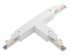 Hvidt højrevendt Nordic Aluminium Global DALI T-stykke XTSNC636-3 med tre tilslutningsender til 3-faset påbygningsskinne.