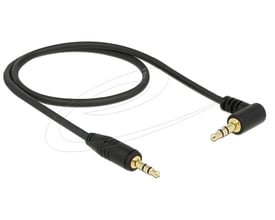 Sort DeLock stereo-jackkabel på 0,5 meter med 3,5 mm vinklede hanstik i begge ender, vist samlet.