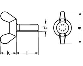 Teknisk tegning af M6X40 DIN 316 A2 fløjskrue, amerikansk form, med angivelse af dimensioner som d, e, k og l.