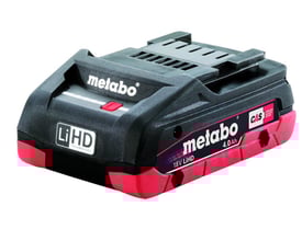 Metabo LiHD 18V 4.0Ah batteri med synlige kontakter og kølefinner på toppen, placeret på en neutral baggrund.