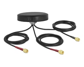 Sort DeLock LTE MIMO dualband-WLAN-antenne med rund base og tre tilslutningskabler med stik.
