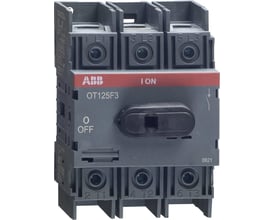 Tæt på ABB 3-polet lastafbryder 125A, viser mærkningerne 'ON' og 'OFF' samt modelnummeret OT125F3.