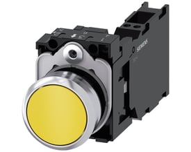 Siemens 22mm trykknap i gul metal med skinnende ramme, visende fjederterminal og kontaktmodul.