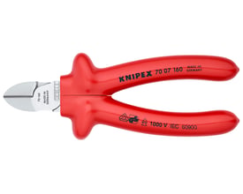 Detaljeret vinkel af Knipex L-AUS bidetang 160 mm i rød, der viser dens slanke hovedform og skær.