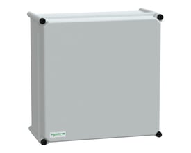 Schneider Electric 7035 MOD kapsling, RAL 7035, 360x360x180 mm, PC plast, med Schneider Electric logo på fronten.