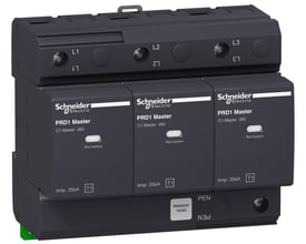 Schneider Electric Overspændingsafledning PRD1 Master 3P, en type 1 beskytter med tre moduler mærket L1, L2 og L3.