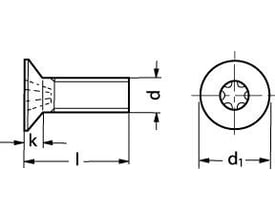 Teknisk tegning af M6X50 ISO 14581 A2 undersænket maskinskrue TX, viser dimensioner som l, d, k og d1 for torx-hovedet i rustfrit stål.