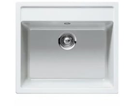 Oversigt over Intra Juvel Granite Nemo N100 køkkenvask i hvid Cristalite granit, klar til montering med integreret afløb og løft-op ventil.