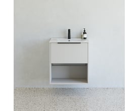 Dansani Mido+ Classic 61 cm møbelpakke i sand mat med stribet front, monteret på væg med sort armatur og hvid vask.