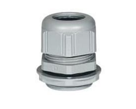 Legrand plastforskruning med møtrik, PG29 gevind og IP68-klassificering i RAL7001 grå.