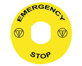 Detalje af Schneider Electric gult skilt Ø90mm, viser den gule farve og teksten "Emergency Stop" samt advarselssymboler.