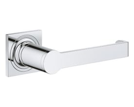 Grohe Allure New papirholder i krom med rektangulær vægplade og lige holderarm set skråt fra siden.
