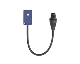 Schneider Electric ultralydsensor i blåt mini format med NPN NO output, 100mm rækkevidde og M12 stik, placeret på hvid baggrund.