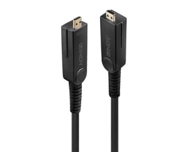Lindy hybrid fiberoptisk micro-HDMI 18G kabel med 'Source' og 'Display' mærkning på et stik. Sort kabel med forgyldte stik på hvid baggrund.