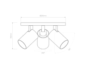 Teknisk tegning af Astro Ascoli Triple Round spotlampe, der viser dimensioner som 220mm diameter og 130mm højde.