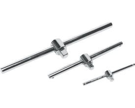 Wareco Tecos T-glidegreb i 1/2" med en længde på 250 mm, vist i tre forskellige størrelser på hvid baggrund.