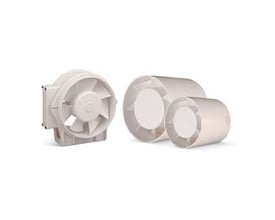 CATA MT badeværelsesventilator til Ø125 mm rør med hvidt, rundt ventilatorhus, synlige vinger og rørformede dele.
