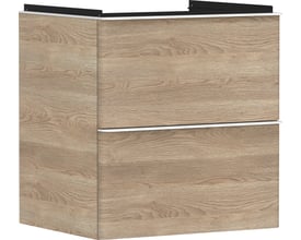 Hansgrohe Xelu Q væghængt vaskeskab i naturlig eg med to skuffer og integreret greb, hvid kantdetalje.