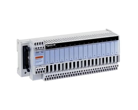 Schneider Electric Telefast ABE7 med 16 kanaler og ABE7 sikringer, grå og blå plast med tydelige terminaler og nummerering.