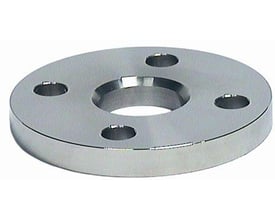 Indura løsflange på 273 mm i AISI 316L med centralt hul og fire bolthuller, set skråt forfra.