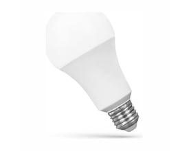 SpectrumLED E27 LED-pære på 20 W med A60-form, vist skråt med hvid kuppel og synlig gevindfatning.