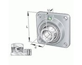 INA PCJ60-XL-N spænderingslejeenhed med firehuls flangelejehus i støbejern og dimensionstegning.