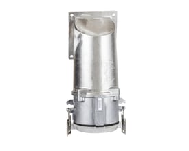 Vinklet CEE vægudtag i aluminium, 400A, 6h, IP67, 3-polet med jord. Udstyret med robust hus og monteringsplade.