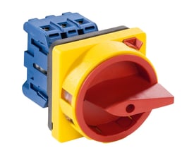 Kraus & Naimer 3-polet sikkerhedsafbryder på 20A med aflåseligt rød/gul greb og 4-huls frontmontage.
