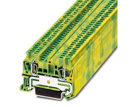 Nærbillede af Phoenix Contact ST 1,5-PE jordklemme, der viser den gule/grønne farve, fjedertilslutning og 1,5mm² størrelse.