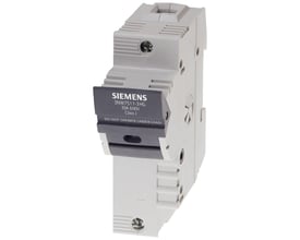 Siemens Sentron sikringsholder, 1-polet, 30A, 600V, Klasse J, monteret på DIN-skinne med tydelig mærkning.