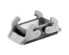 Weidmüller bulkhead-kabinet med åbent hus og grå sideklemmer til fastlåsning.