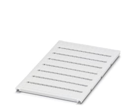 Nærbillede af Phoenix Contact mærkeskilte til klemmer UC-TM 5, visende de præcise mål på 10,5 x 4,6 mm.