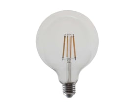 V-TAC G125 LED-filamentpære med klar, rund glaskolbe, synlige filamenter og E27-fatning.