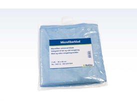 Roliba blå microfiberklud i kraftig kvalitet, 40 x 40 cm, ses foldet i gennemsigtig emballage med produktetiket.